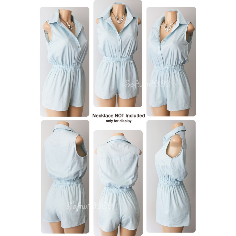 Light Blue 100% Cotton Button Up Collar Romper - Picture 7 of 8